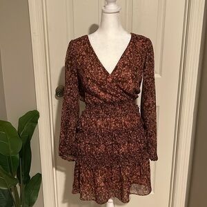 Socialite floral smocked waist long sheer sleeves v neck mini dress size XS